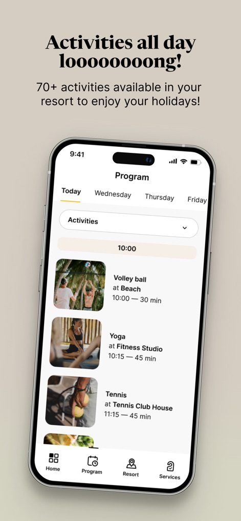 My Club Med - Users can easily browse the daily activity schedule and view specific activities with their corresponding times and durations, ensuring no exciting event is missed.