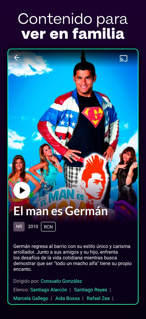 Canal RCN - Users can explore family-friendly content, exemplified by the detailed page for "El man es Germán" and clearly attributed cast and director credits.