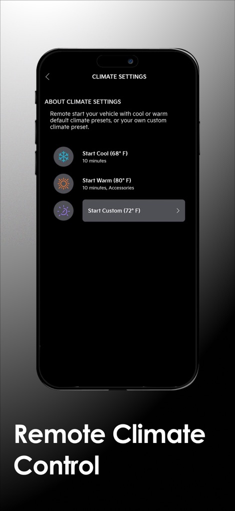Kia Access - This tool allows precise environmental adjustments, featuring options like 'Start Cool (68°F)' and 'Start Warm (80°F)' for immediate comfort.