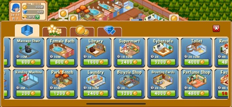 Hotel Story: Resort Simulation - Explore the extensive catalog of facilities, from a "Massage Chair" to a "Cybercafe", each item clearly showing its construction cost and build time for efficient resort expansion.