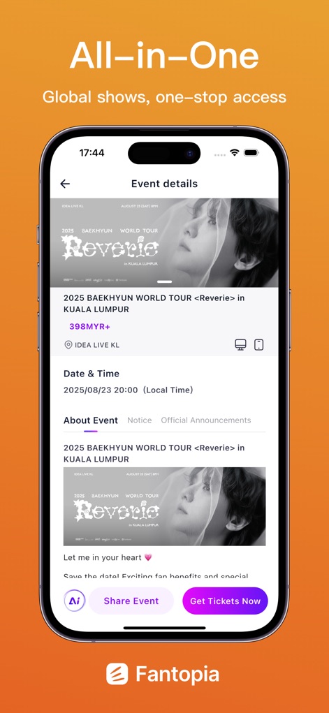 Fantopia - Nutzer finden hier alle umfassenden Event-Details wie Datum und Ort und können das Ereignis über die integrierten "Share Event"- und "Get Tickets Now"-Buttons bequem teilen oder direkt Tickets erwerben.