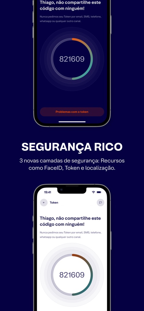 Rico: investir é pra você - This tool prioritizes user safety, featuring a prominent security token display and a clear warning message against sharing sensitive codes.
