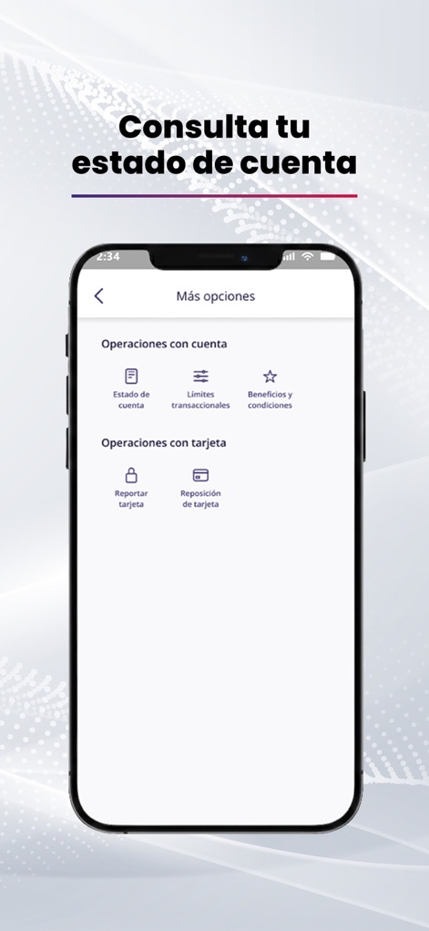 INVEX Control - Esta sección revela un menú de 'Más opciones', donde se puede acceder al 'Estado de cuenta' y gestionar 'Operaciones con tarjeta' como reportar o reponer la tarjeta.