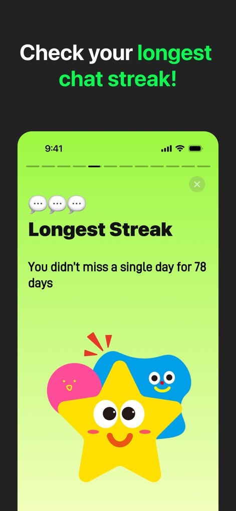 WAMR Backup Message&Dual Chat - この機能は「Longest Streak」としてユーザーの最長連続チャット日数を表示し、「78 days」という具体的な期間でエンゲージメントレベルを可視化します。