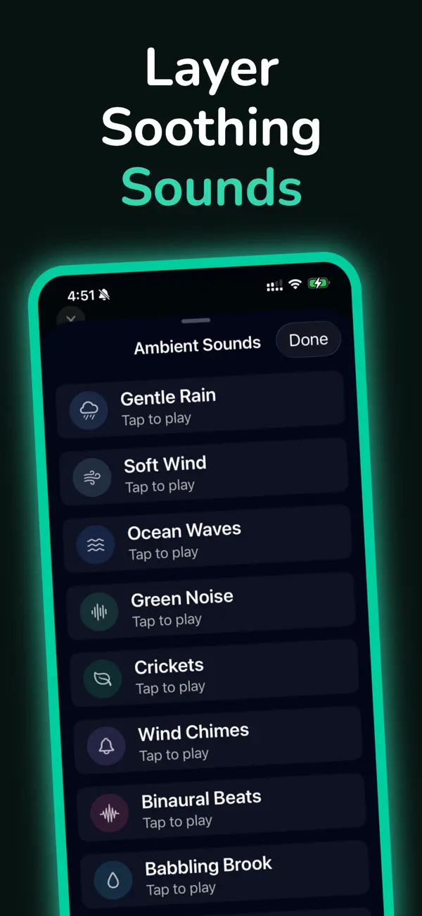 DriftMind ambient sounds, including gentle rain and ocean waves