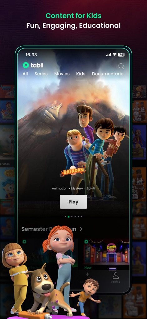 tabii - Die App bietet eine eigene Sektion für Kinderinhalte, die durch eine farbenfrohe Animation und die deutliche Beschriftung unter der Kategorie „Kids“ gekennzeichnet ist.