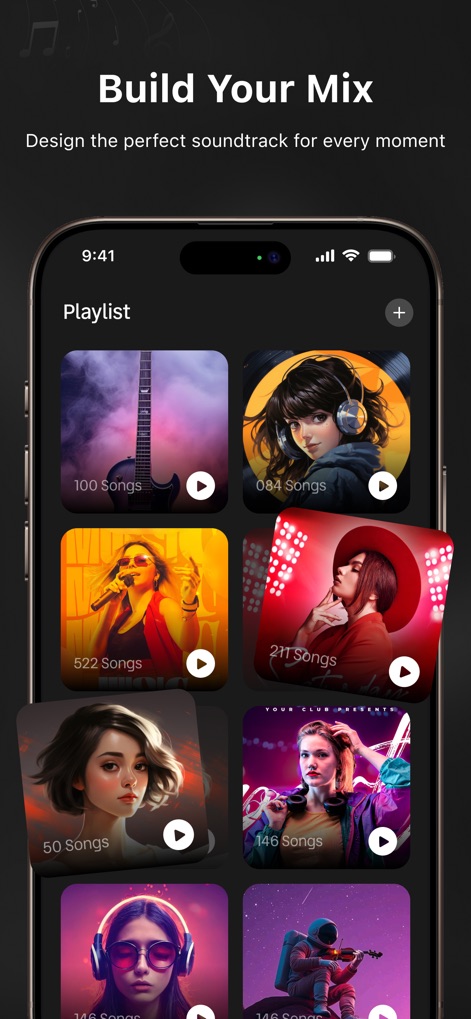 RYT - Music Player - En "Build Your Mix", la aplicación permite crear playlists personalizadas, mostrando la sección "Playlist" con sus diversas carátulas y el número de canciones por cada una.