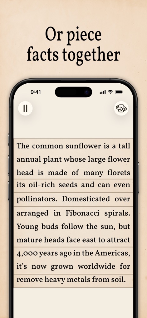 Art of Flora: Cozy Puzzles - L'app offre un modo unico per imparare, permettendo di ricostruire un testo descrittivo sul "girasole comune" e di scoprire le curiosità botaniche presentate in una chiara struttura a paragrafi.
