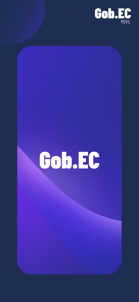 Gob.EC - Experience the app's modern splash screen, featuring a prominent Gob.EC brand logo and a sleek purple gradient background for an inviting first impression.