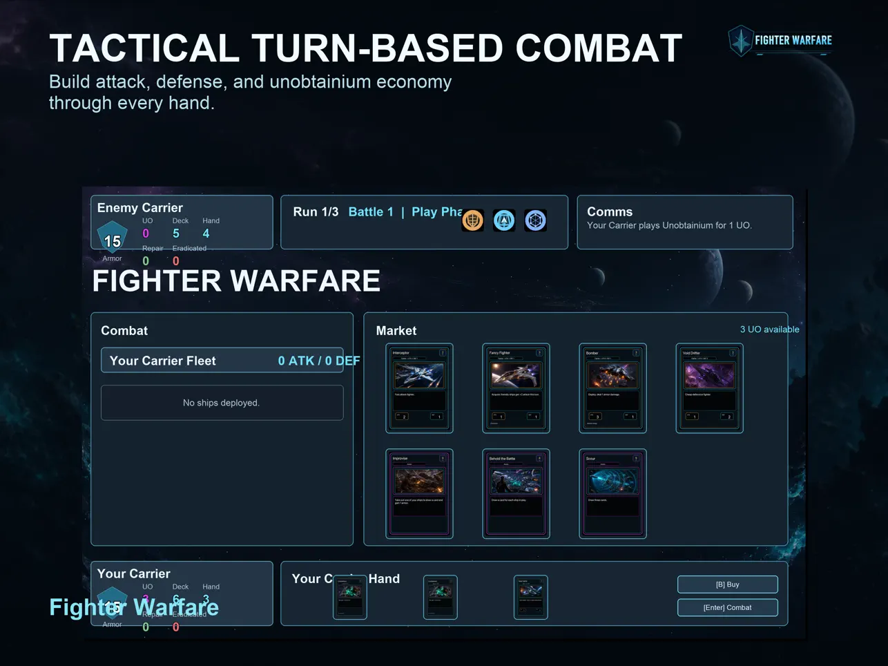 Fighter Warfare battle screen with a carrier, fleet cards and card market