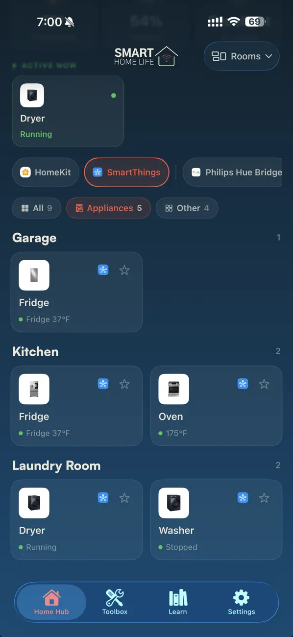 SmartThings devices shown inside the app with live status