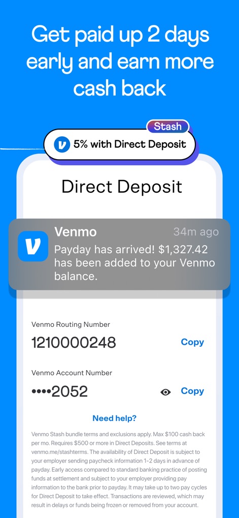 Venmo - Nutzer erhalten eine Benachrichtigung über den 'Direct Deposit' und können ihre Venmo Routing Number und Account Number für schnelle Gehaltseingänge einsehen.