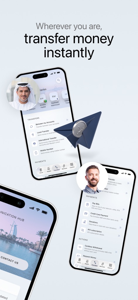 ENBD X - Users can execute diverse money transfers through the dedicated transfers section and manage payments with options like bill pay and cardless withdrawal.