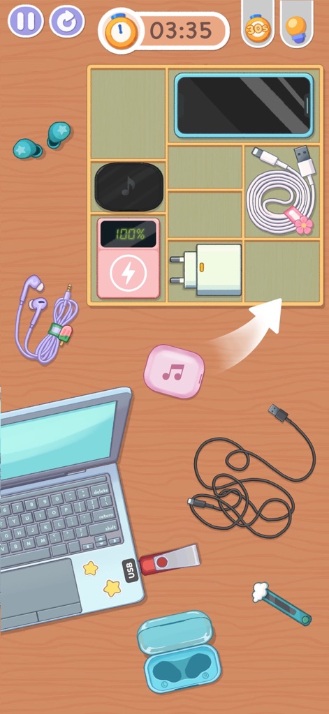 Tidy Up - Satisfeel ASMR - This tool presents a satisfying sorting challenge, organizing an assortment of electronic devices into structured storage compartments.