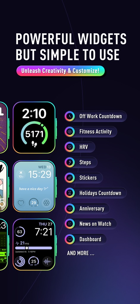 Walbum™ - Watch Faces Gallery - Unleash creativity with powerful widgets, enabling users to add functional elements like "Off Work Countdown" and track "Fitness Activity" seamlessly.