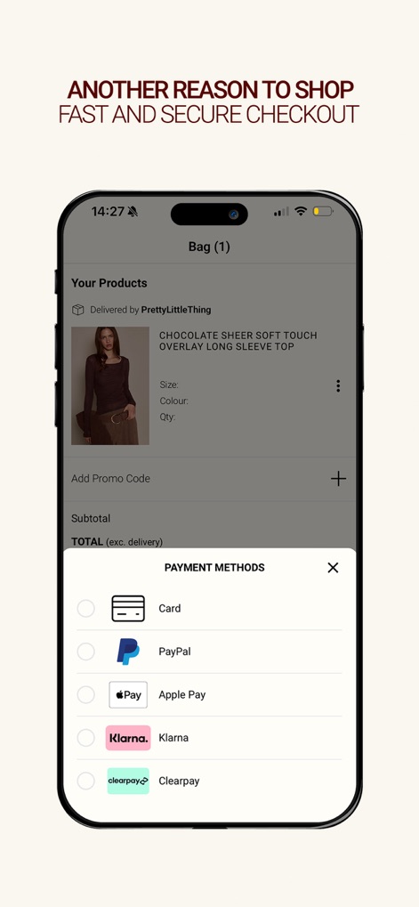 PrettyLittleThing - This screen highlights the fast and secure checkout process, presenting diverse payment methods including Apple Pay and flexible buy-now-pay-later options like Klarna and Clearpay.