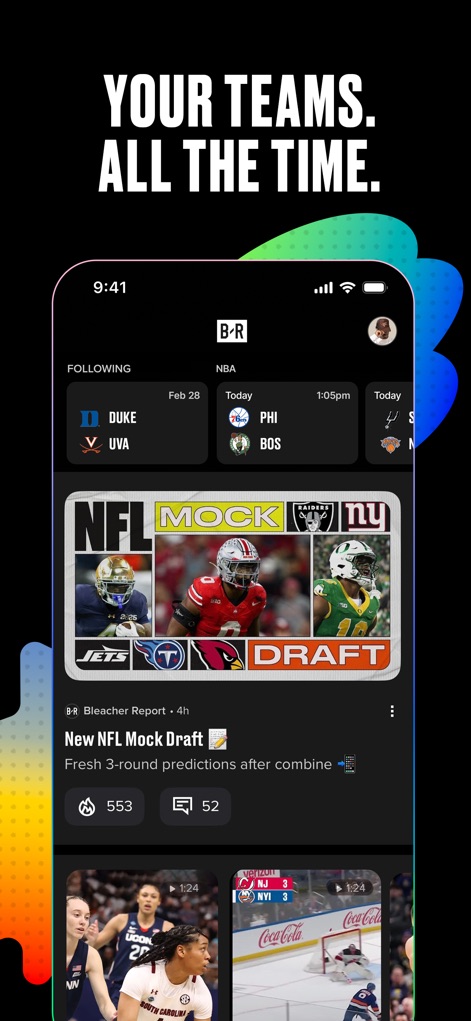 Bleacher Report: Sports News - Esta pantalla principal presenta un feed de noticias personalizado que muestra los equipos que el usuario sigue y noticias importantes como el NFL Mock Draft, adaptando el contenido a sus preferencias.