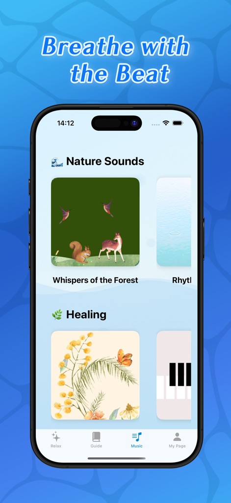 AQUA - Meditative Video Chat - Immerse in the app's diverse sound library, showcasing various nature sound categories and serene soundscape thumbnails designed to aid relaxation and focus.