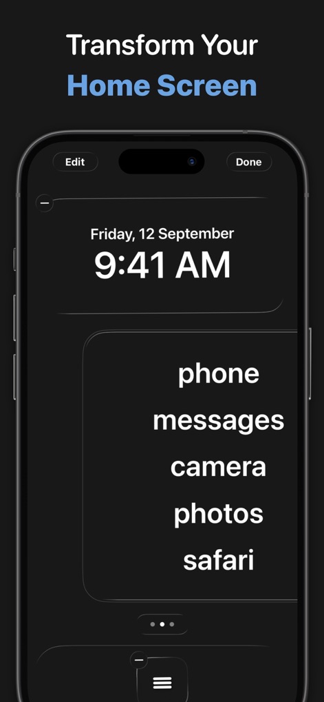 Dumb Phone (dp) - The app allows for direct editing of the Home Screen, letting users integrate essential app listings with a prominent date and time display.