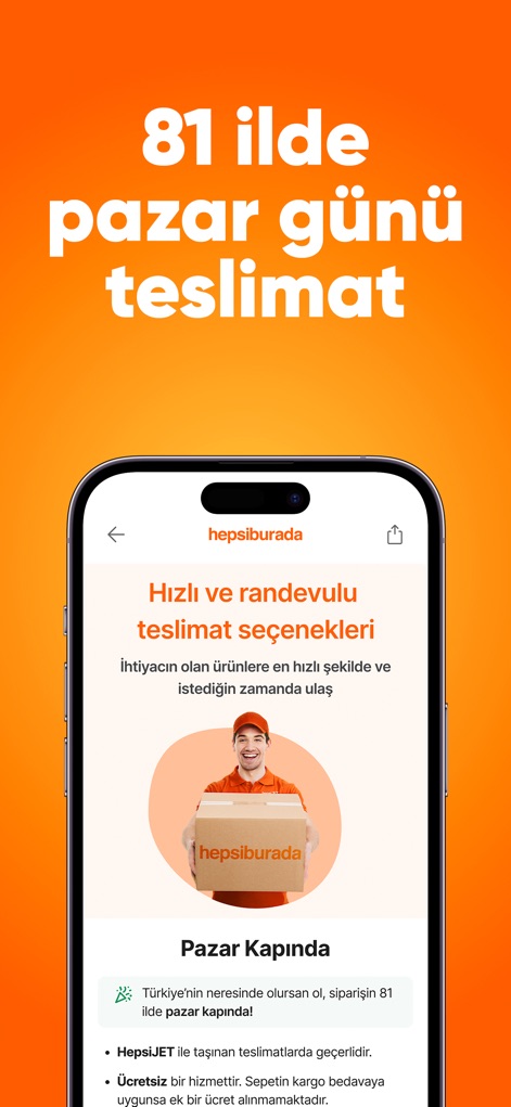 Hepsiburada: Online Shopping - Observe the app's dedicated section detailing fast and scheduled delivery choices, clearly outlining benefits like HepsiJET services and free shipping for enhanced convenience.