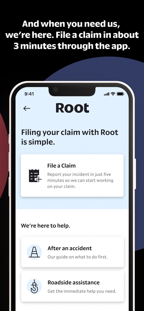 Root: Better car insurance - This tool streamlines the claims process with a direct "File a Claim" option and provides immediate support resources like an "After an accident" guide and "Roadside assistance" access.