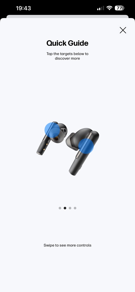 HP Poly Studio Mobile - La aplicación ofrece una guía interactiva con puntos destacados en la imagen del dispositivo, permitiendo a los usuarios descubrir funcionalidades y seguir instrucciones claras para la navegación.