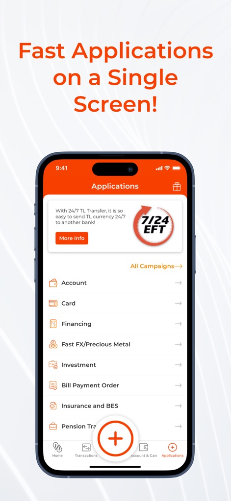 Albaraka Mobil - 사용자는 한 화면에서 계좌, 카드, 대출, 투자, 보험 등 다양한 금융 상품 및 서비스 신청 목록을 볼 수 있습니다. 하단 중앙의 커다란 '+' 버튼은 새로운 신청이나 빠른 접근성을 제공하는 것으로 보입니다.