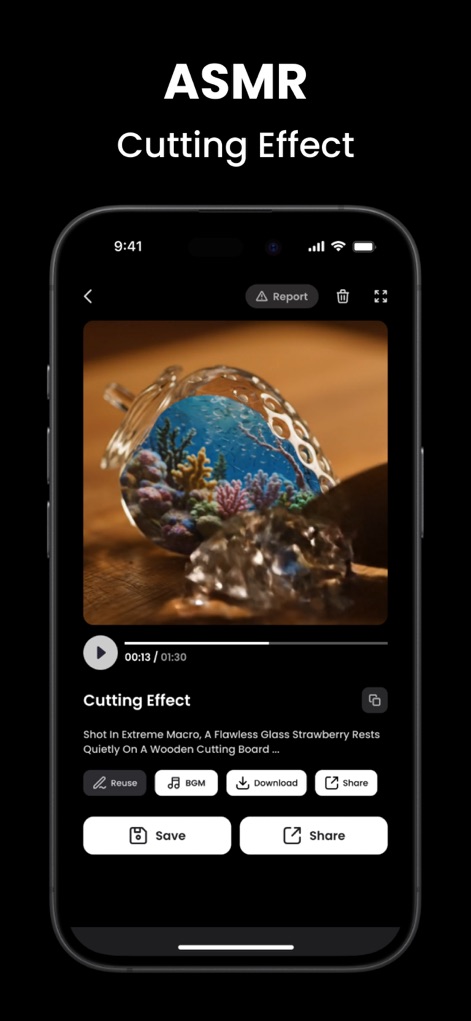 Video AI: AI Video Generator - 本ツールは、ユーザーがASMRに特化した「カッティングエフェクト」を動画に適用できることを示し、極限までクローズアップされたガラスのオブジェクトと詳細なBGMオプションによって没入感のある体験を提供します。