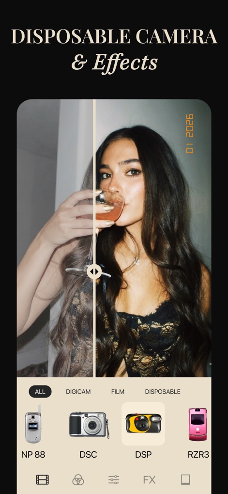 radcam ㅤ - Explore the intuitive before-and-after slider and the selection of iconic disposable camera styles, such as DSP.