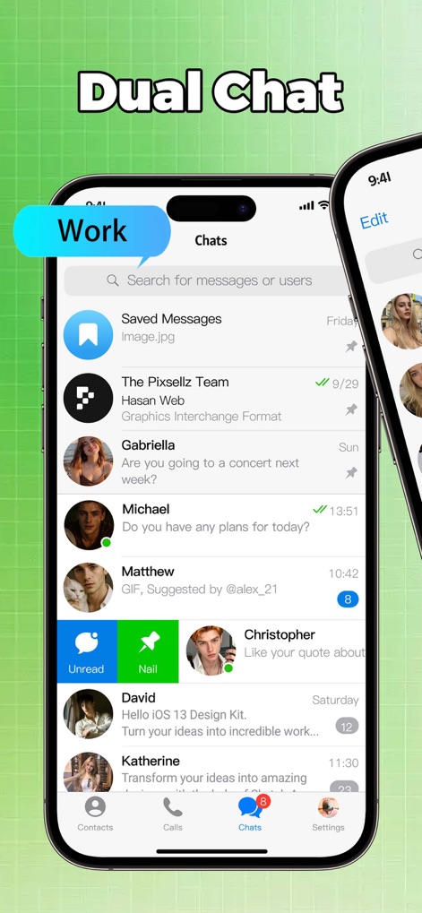DuoChat：Clone Dual Account App - The app clearly distinguishes professional interactions with a prominent 'Work' tag, complemented by convenient 'Saved Messages' for important information retrieval.