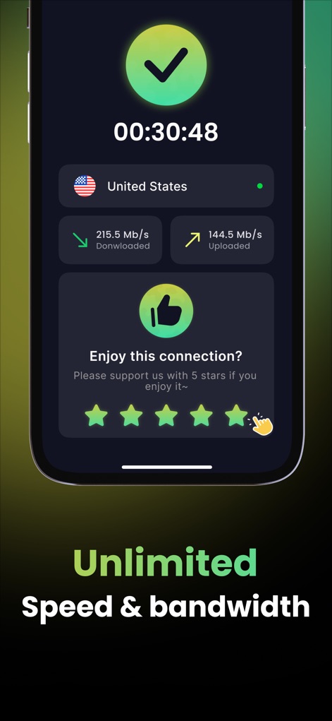Bear VPN - Fast VPN Proxy - L'application confirme une connexion réussie avec une coche claire et encourage les utilisateurs à évaluer leur expérience via une interface de notation à étoiles conviviale.