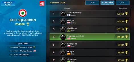 Wings of Heroes: Flying Games - The app features a competitive leaderboard showcasing player trophies and comprehensive clan information for organized play.