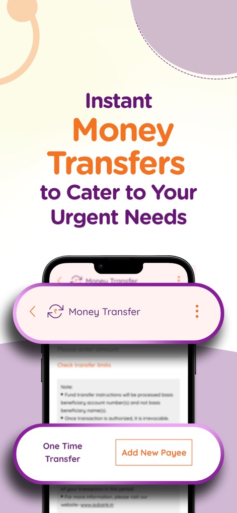 AU 0101: Banking App, UPI, FD - This tool facilitates urgent financial transactions with its dedicated "Money Transfer" section, allowing users to perform a "One Time Transfer" or "Add New Payee" efficiently.