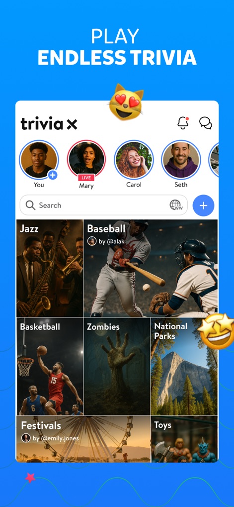 Trivia Crack: Brain Quiz Games - Explore an endless library of trivia topics, presented through visually rich category cards and an intuitive search bar for easy content discovery.