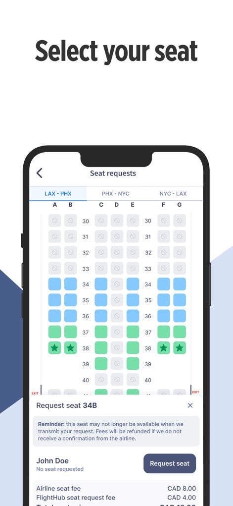 JustFly: Cheap Flights - Los usuarios pueden seleccionar su asiento preferido desde un mapa interactivo con la "disposición de asientos" de la aeronave, visualizando el costo con "precios transparentes" antes de confirmar.