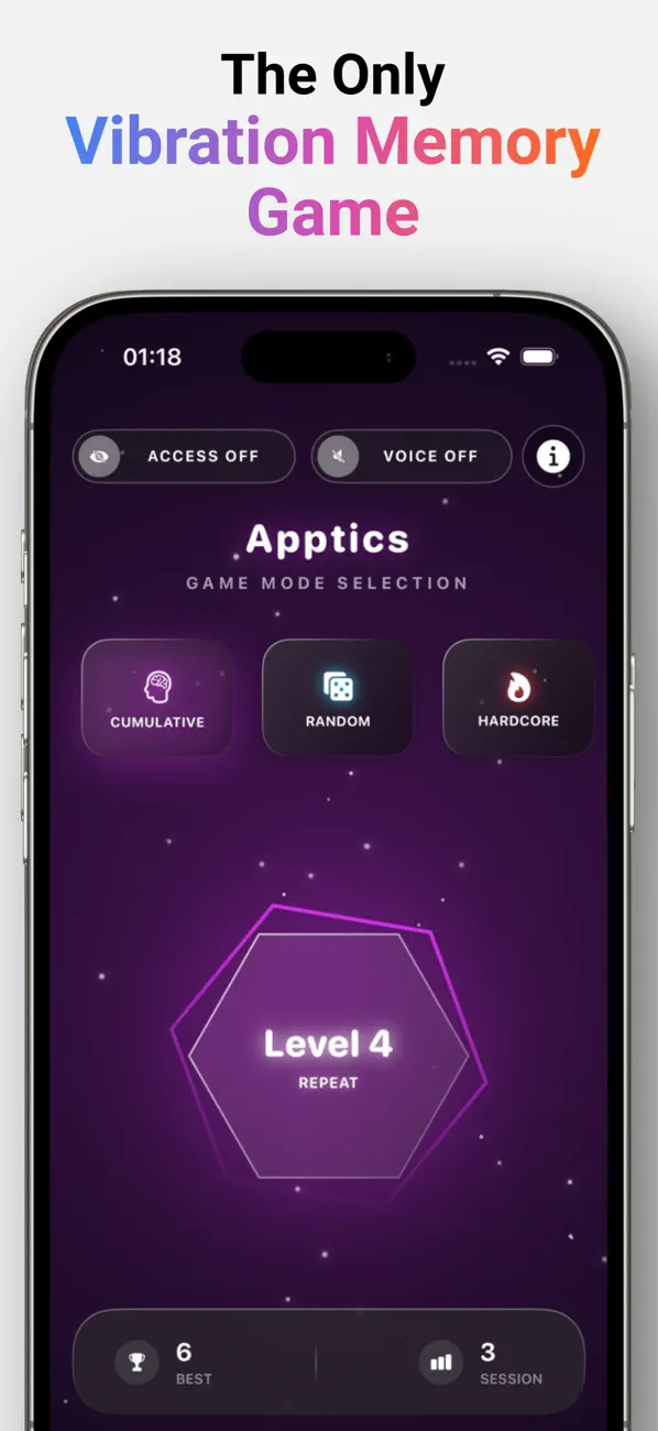 Screenshot #1 pour Vibration Memory Game: Apptics