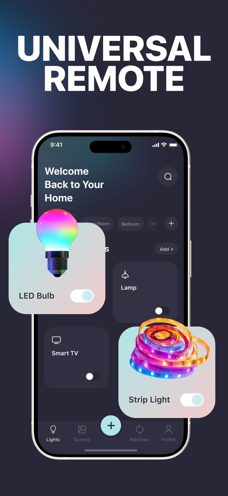 LED Light Controller Universal - La aplicación centraliza el control de múltiples dispositivos con tarjetas de control para dispositivos específicos como "LED Bulb" y "Strip Light", y las pestañas de navegación inferiores para acceder a escenas y rutinas.