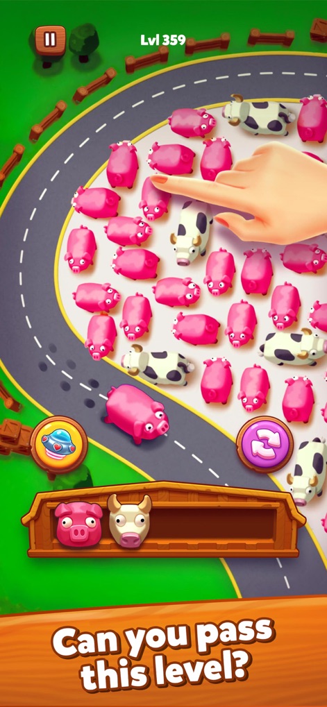 Farm Jam: Animal Escape Game - Witness the complexity of later levels as users guide diverse animals like pigs and cows through winding road formations, showcasing varied animal sizes and movement patterns.