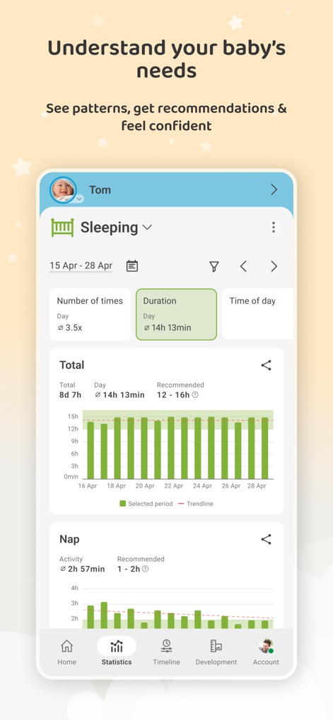 Baby Daybook - Newborn Tracker - The app provides visual sleep duration charts and expert-backed recommendations, empowering parents to analyze patterns and understand their baby's needs.