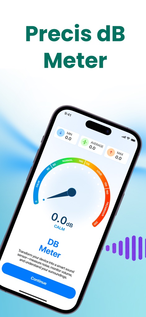 Clear Wave - Water Eject App - Users can monitor environmental sound levels with the 'dB Meter gauge' showing current sound pressure and additional metrics like 'MIN, AVERAGE, and MAX' values.