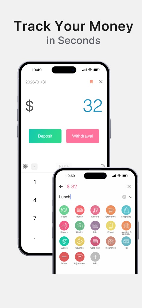 Weple Money: Expense Tracker - Los usuarios pueden registrar transacciones con un teclado numérico simple y categorizar gastos rápidamente con un menú de iconos visuales para una entrada eficiente.