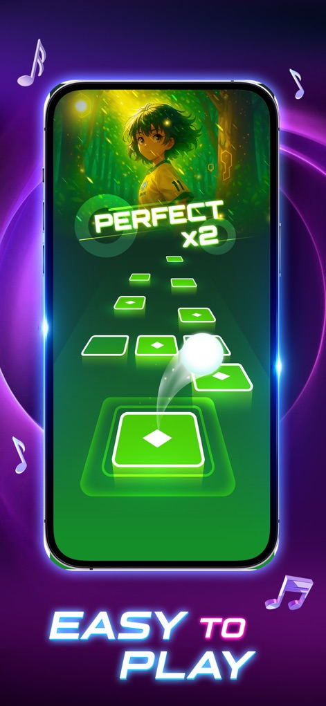 Tiles Hop: Music Ball Clash - Users can experience intuitive one-touch gameplay while enjoying dynamic visual feedback like the "PERFECT x2" indicator and animated environmental backgrounds.