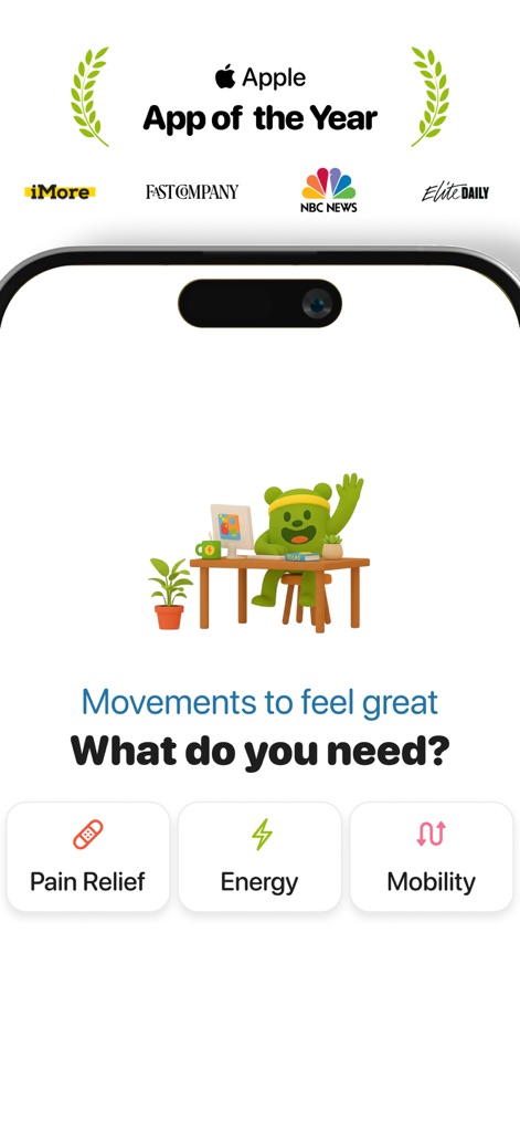Wakeout! Desk Stretch & Energy - L'application simplifie le choix grâce à des options claires de "Pain Relief" et "Energy", et met en avant sa reconnaissance comme "App of the Year" par Apple.