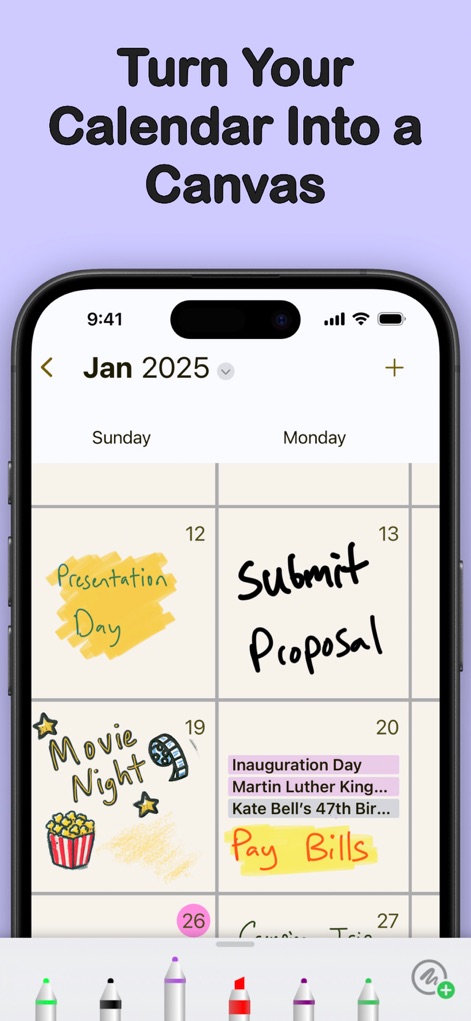 CalenDraw: Calendar Notes - Discover how users can transform their calendar into a personalized canvas with handwritten notes and vibrant drawings, supported by an intuitive Pencil tool selection bar.