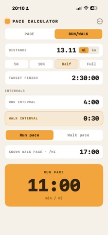 Run/Walk & Pace Calculator iPhone screenshot