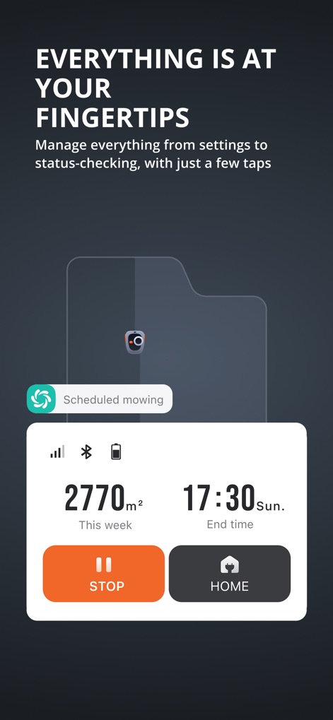 Navimow - Los usuarios pueden monitorear el progreso del corte en un mapa visual de la propiedad, viendo el estado de "Scheduled mowing" y el área cubierta, como "2770m²".