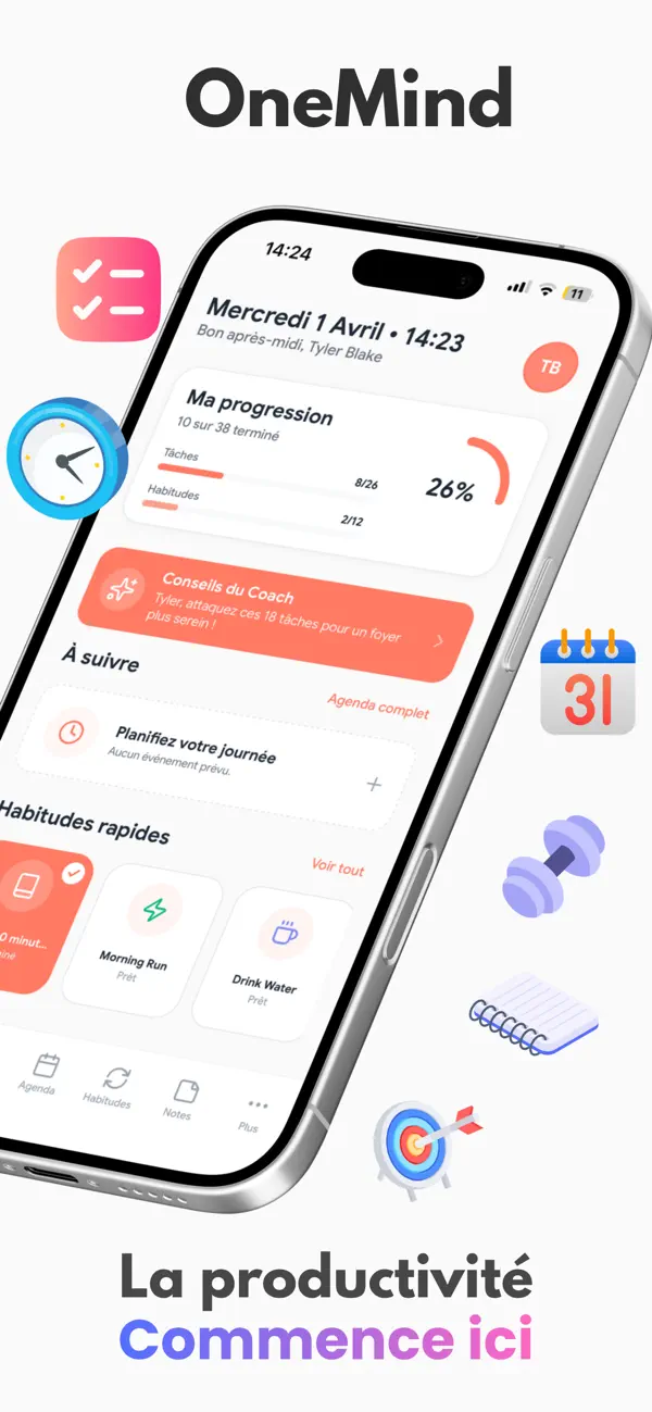 Screenshot #1 pour OneMind: Tâches, Agenda & IA