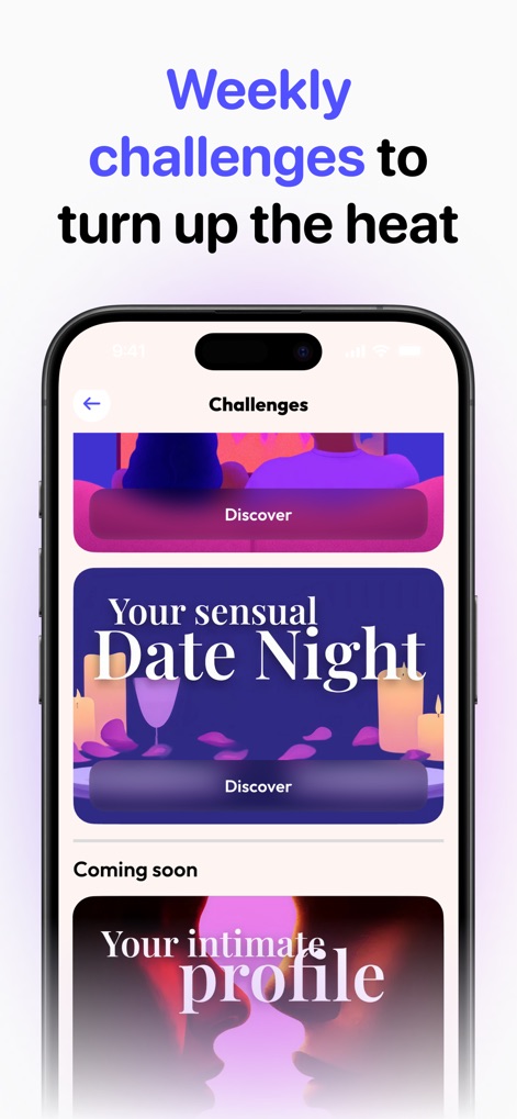 Melba: Couples & Intimacy - This section reveals engaging "Weekly challenges" designed to deepen connection, featuring prompts like "Your sensual Date Night" and hints at "Coming soon" features.