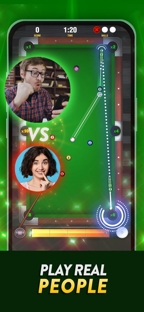 Pool Payday: 8 Ball Pool Game - Observe the intense head-to-head competition with live player avatars and the clear in-game score and time display.