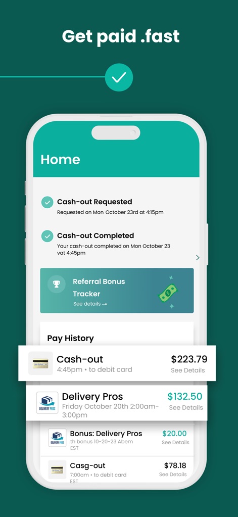 WorkWhile - Se visualiza el historial de pagos, mostrando transacciones completadas y solicitadas, así como un 'Referral Bonus Tracker' para bonificaciones adicionales.